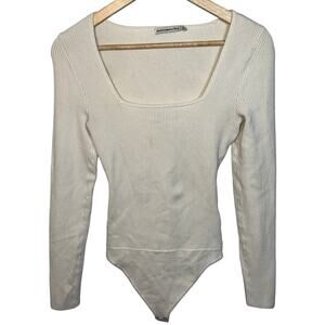 Abercrombie & Fitch Cream Ribbed Knit Square Neck Long Sleeve Bodysuit Womens S